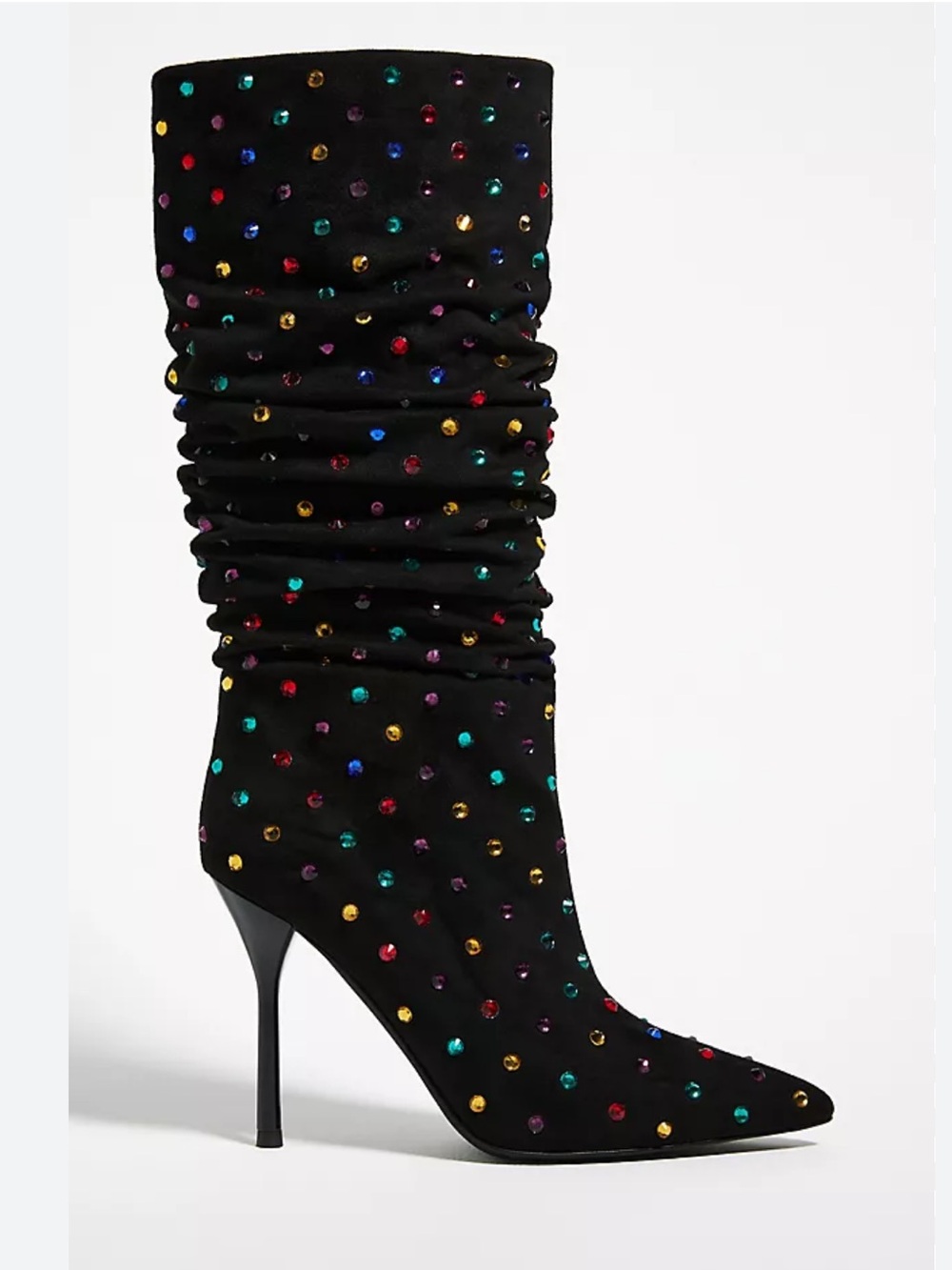 Jeffrey Campbell Rainbow Crystal Slouch Boots Black Suede Pointed Toe Size 7.5